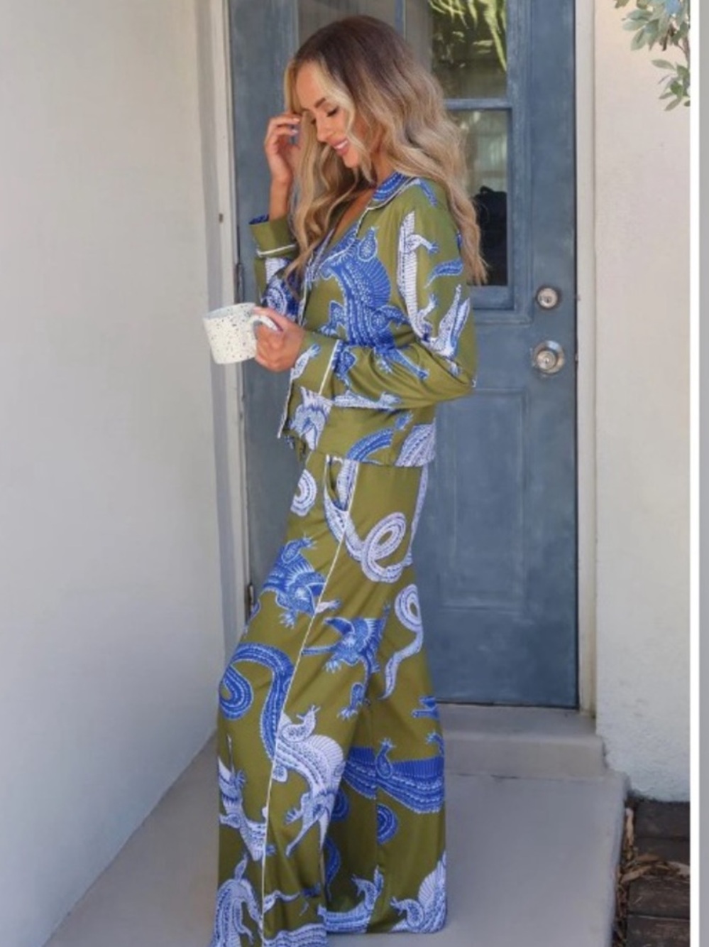 NOLI YOGA-Noiri Dragon Print Pajama Set Blue Green Satin Top Pants Size M L